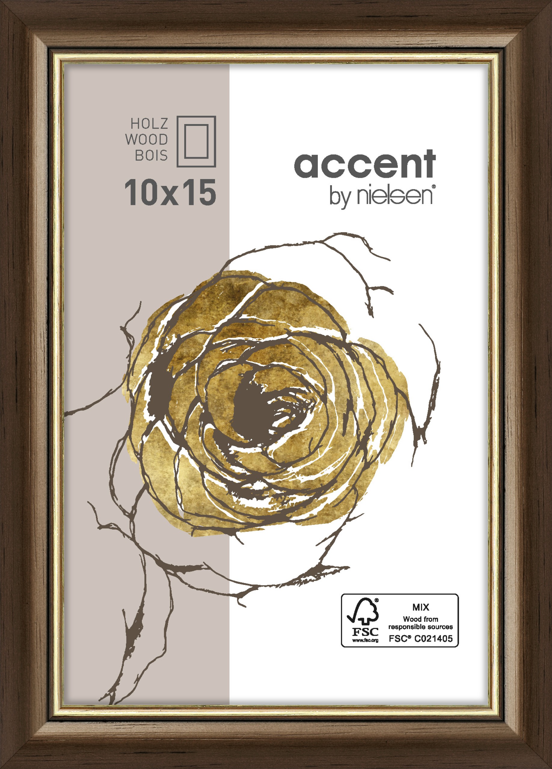 Cornice in legno Ascot 10x15 cm | marrone scuro dorato | Vetro standard
